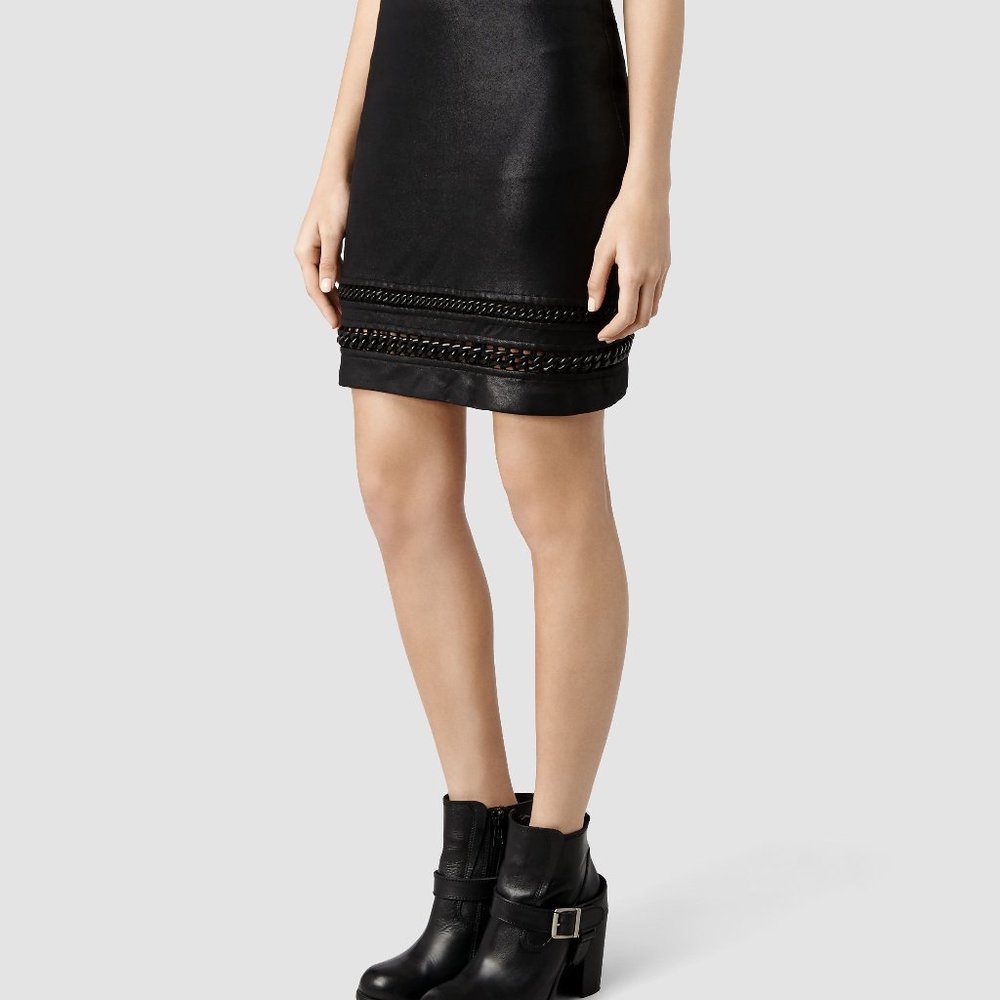 ALL SAINTS Taura Faux Leather Chain Mini Skirt in Black Sz US 6 RRP$230